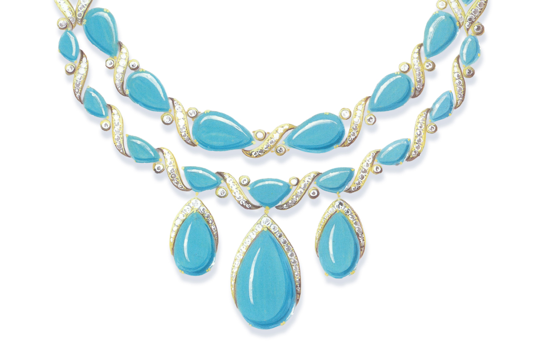 Collier avec pierres turquoise en forme de goutte et sertissage doré orné de diamants